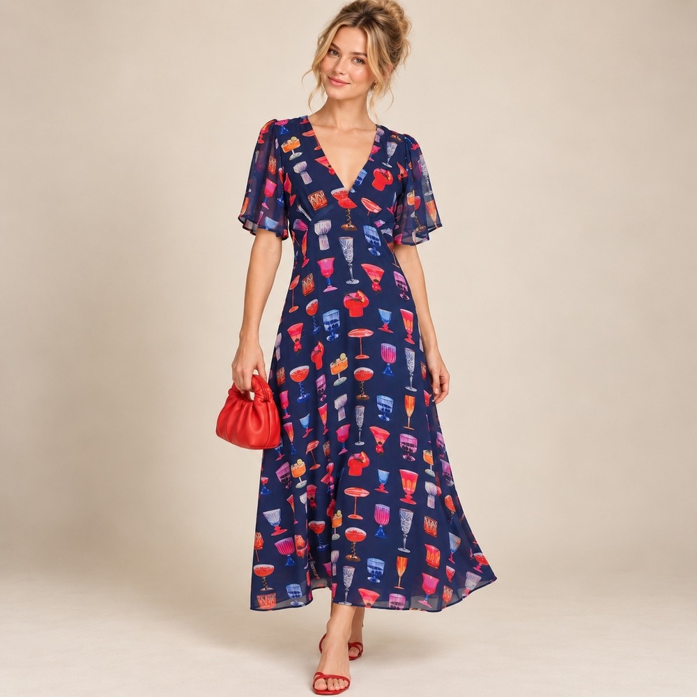 Lisa Says Gah x Nuuly Navy Blue Cocktail Glass Print Maxi Dress XS NWT